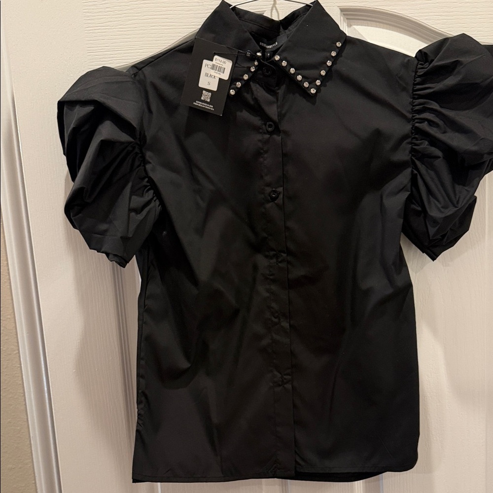 Elegant Black Puff Sleeve Blouse with Studded Collar